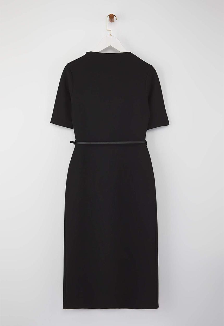 Trendyol - Belted Three-Quarter Sleeve Midi Knit Dress - Black
