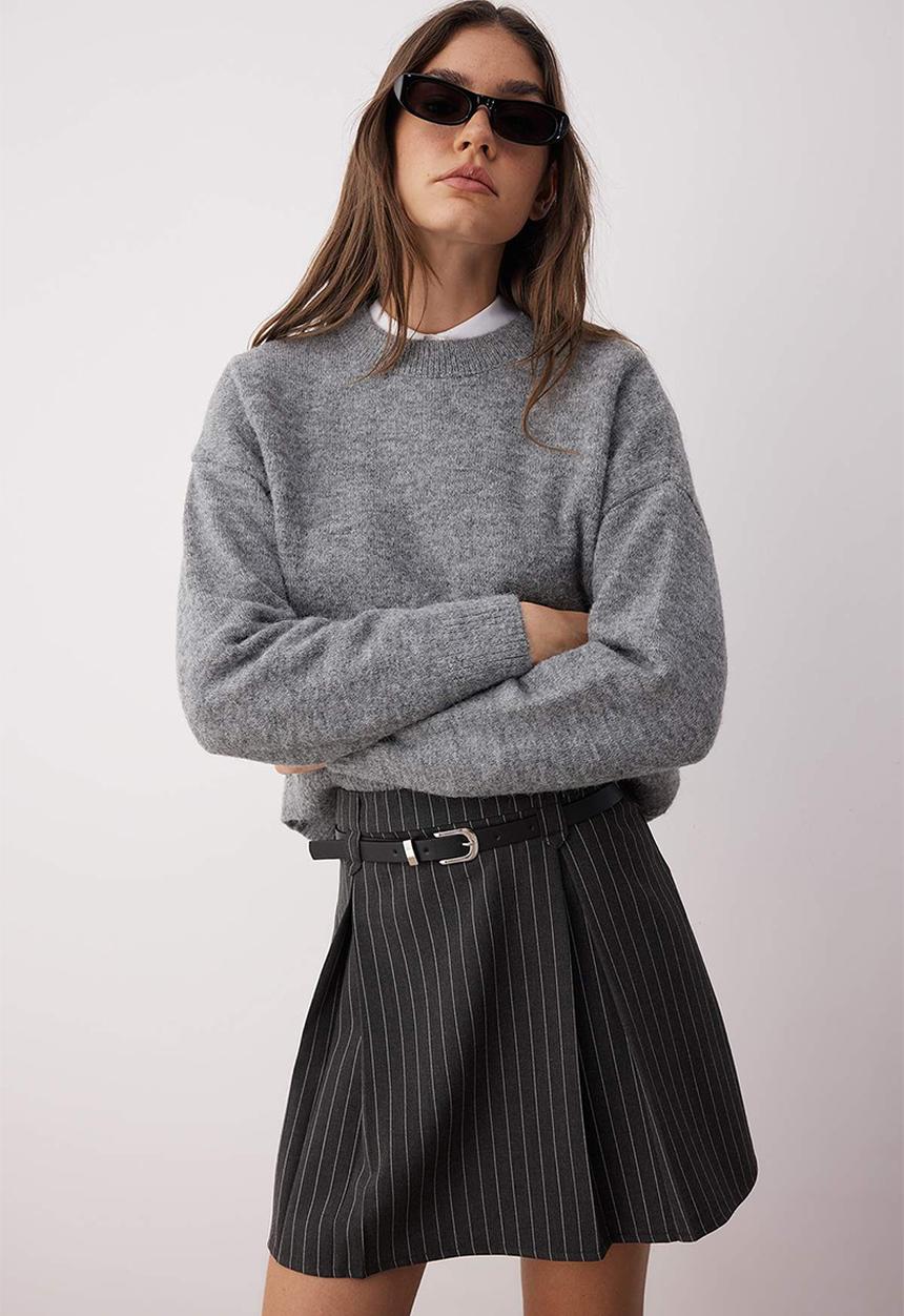 Trendyol - Belted Striped A-Line Mini Skirt - Anthracite