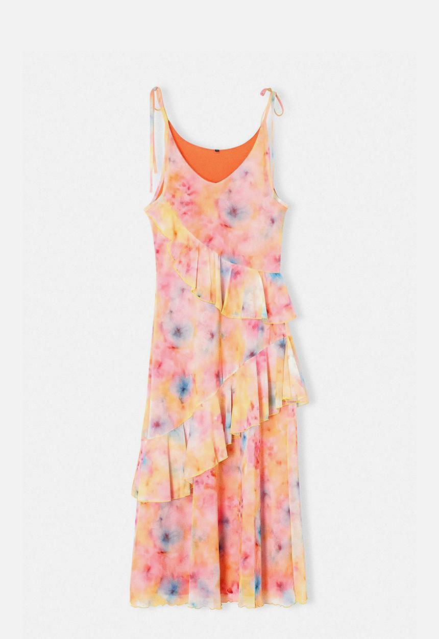 Trendyol - Printed A-Line Tulle Dress with Thin Straps - Multi