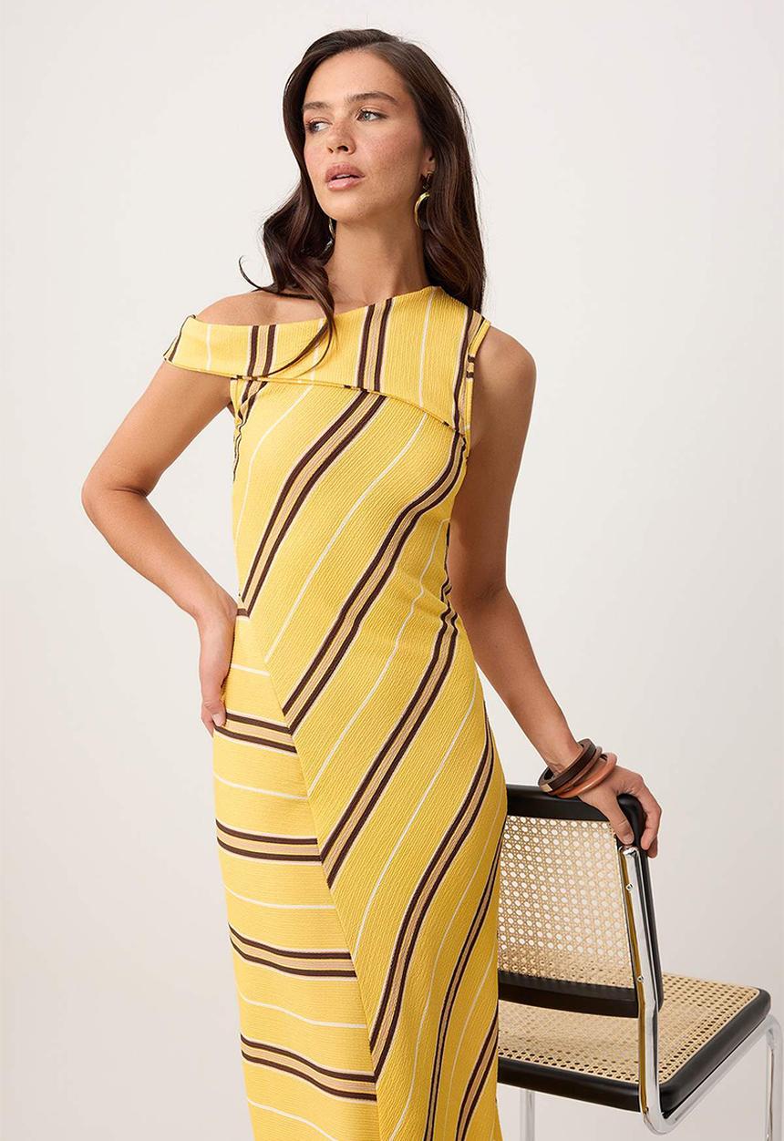 Trendyol - Striped A-Line Asymmetric Neck Knit Dress - Yellow