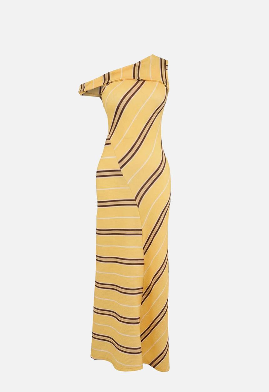 Trendyol - Striped A-Line Asymmetric Neck Knit Dress - Yellow
