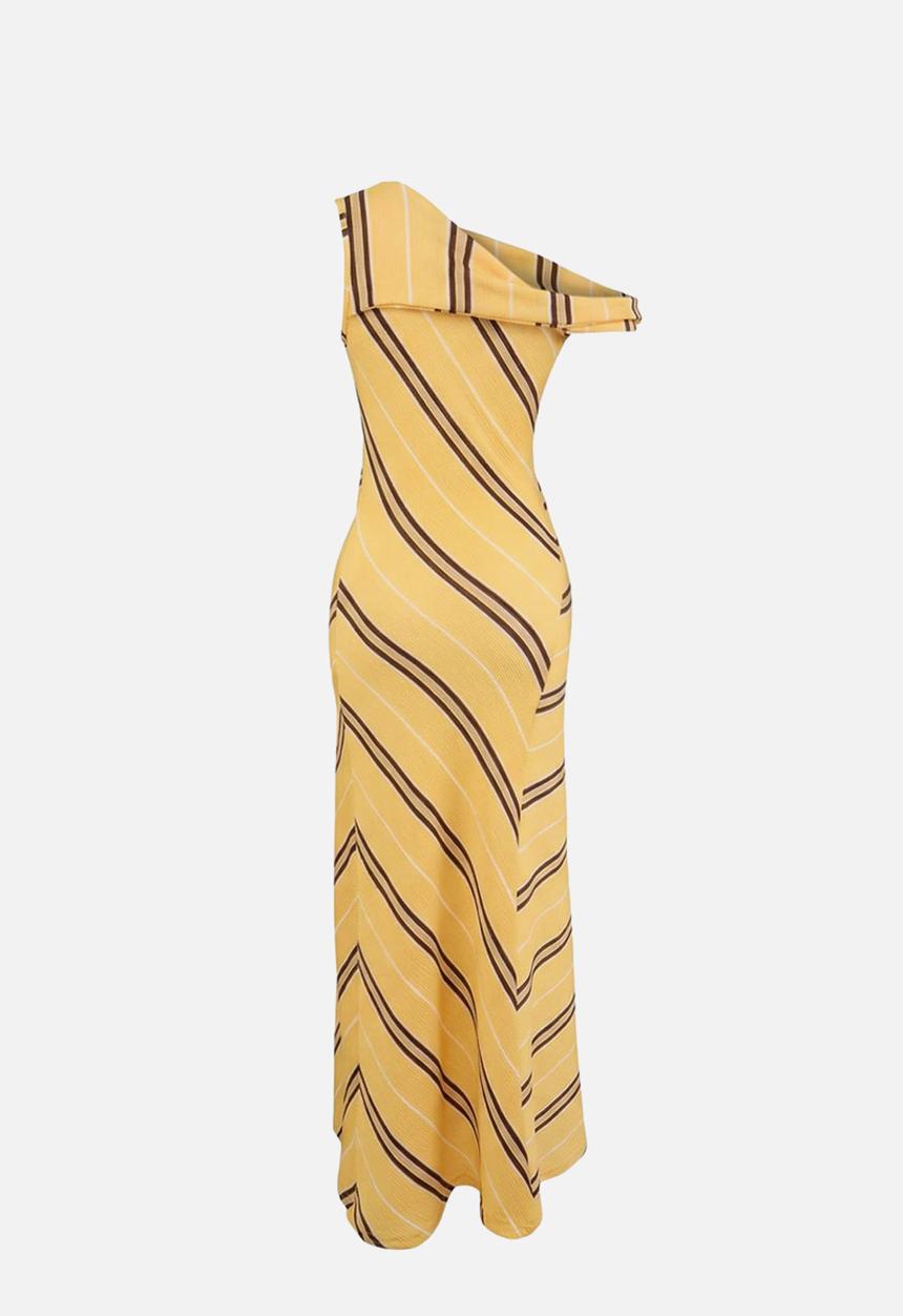 Trendyol - Striped A-Line Asymmetric Neck Knit Dress - Yellow