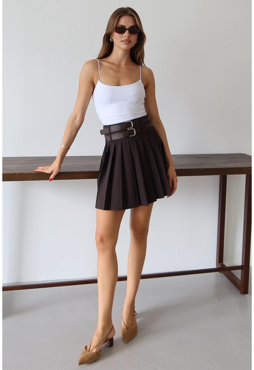 Trendyol - Double-Belt Pleated Mini Skirt - Brown