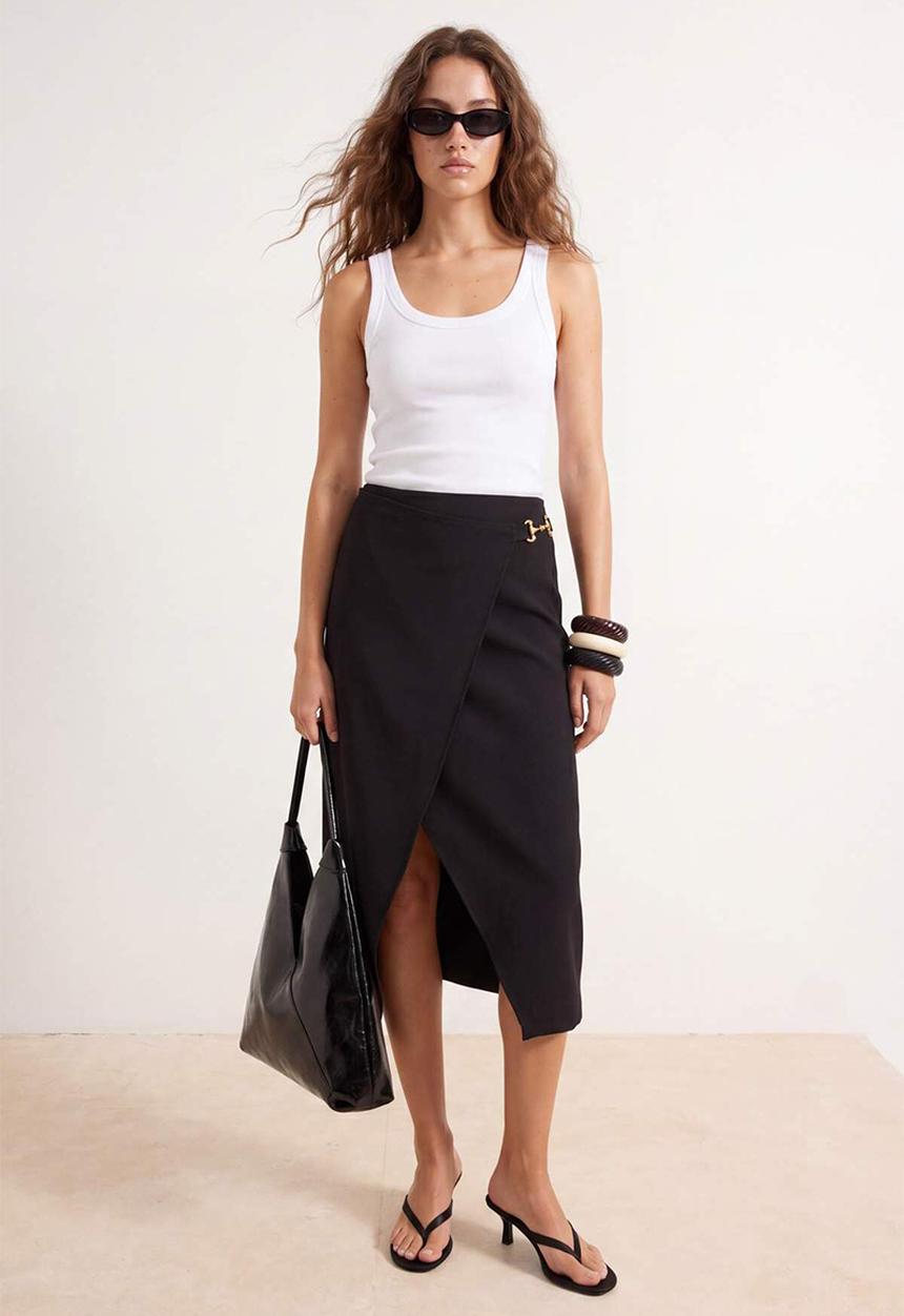 Trendyol - Double-Breasted Slit Midi Skirt with Accessory Detail - Black