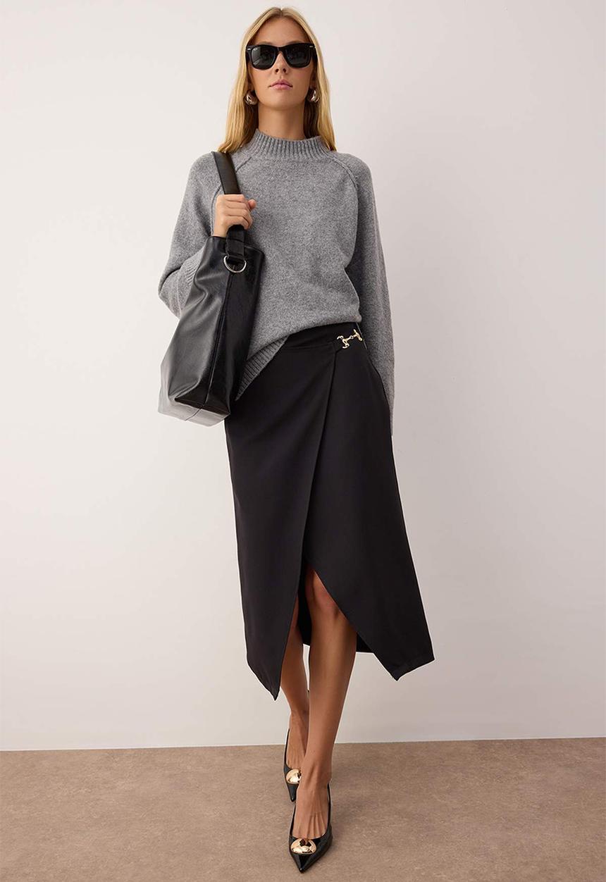 Trendyol - Double-Breasted Slit Midi Skirt with Accessory Detail - Black