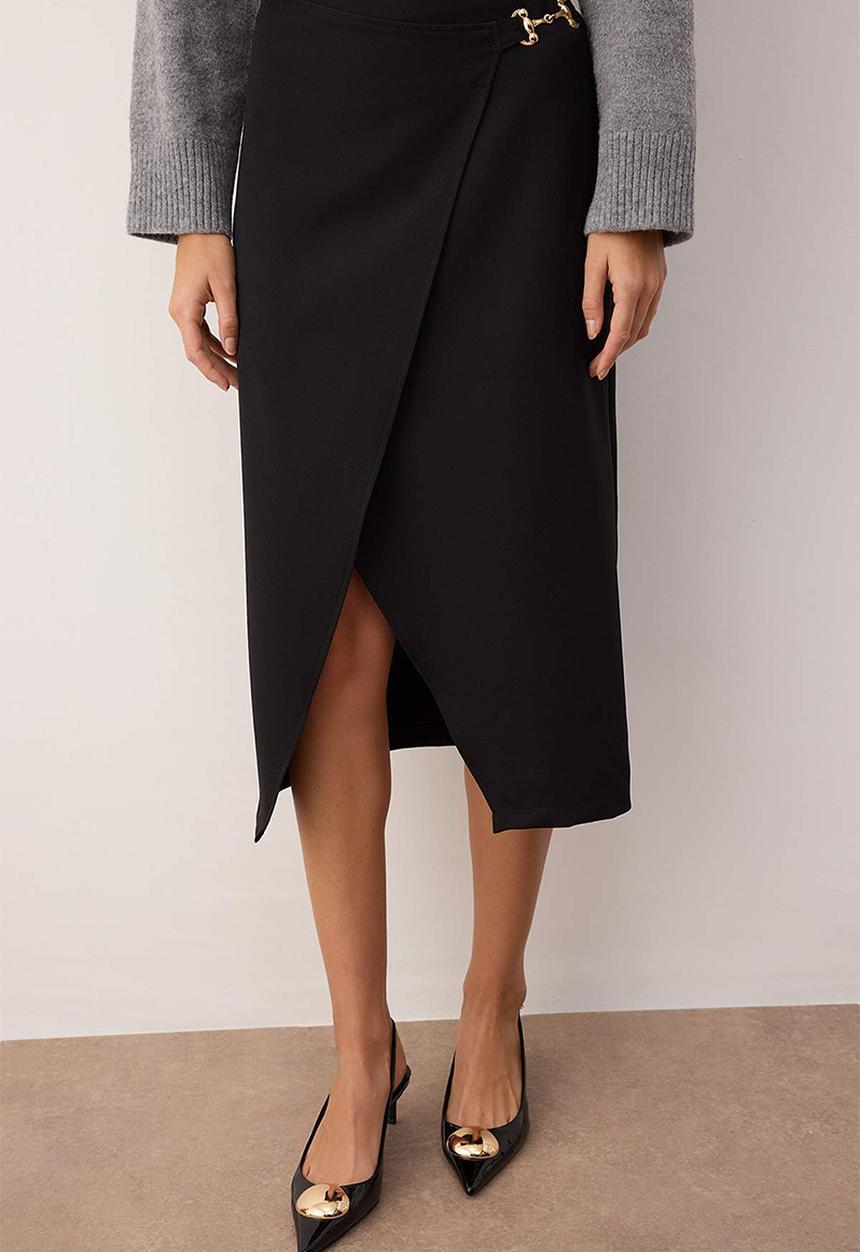 Trendyol - Double-Breasted Slit Midi Skirt with Accessory Detail - Black