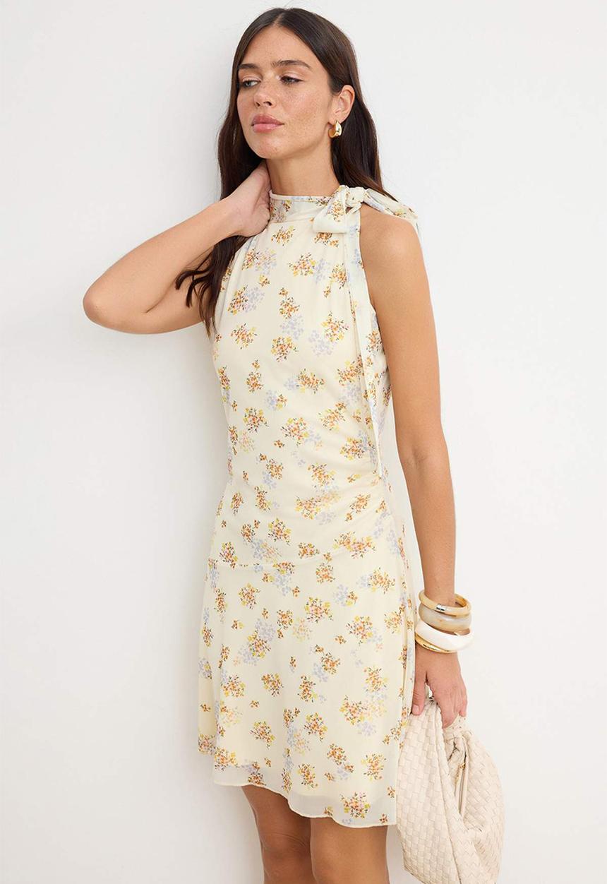 Trendyol - Printed Waist-Cut Halter Neck Tulle Dress - Yellow