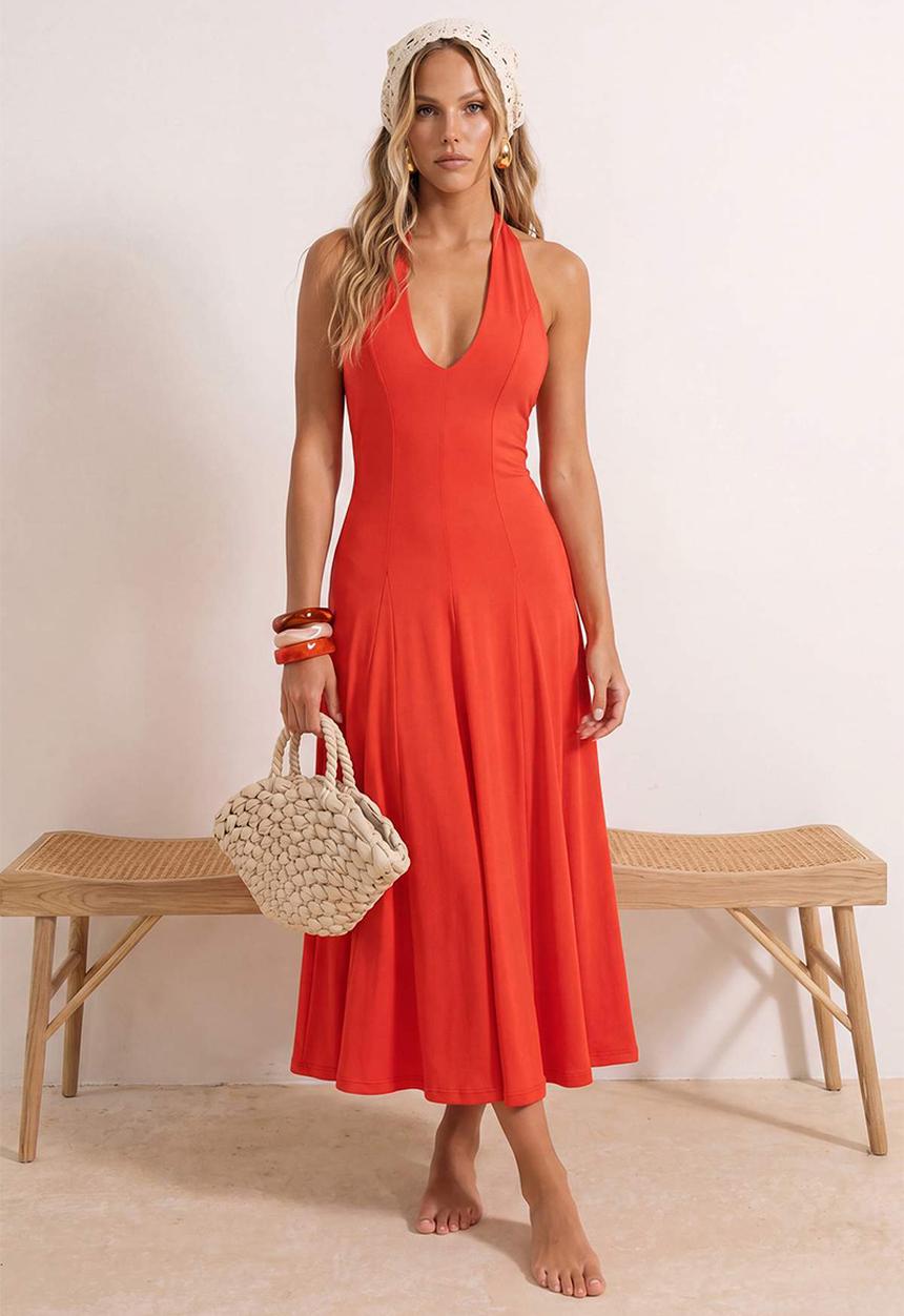 Trendyol - Backless Halter Midi Beach Dress - Red