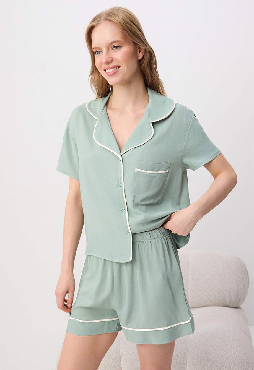 Trendyol - Piped viscose shorts pajama set - mint