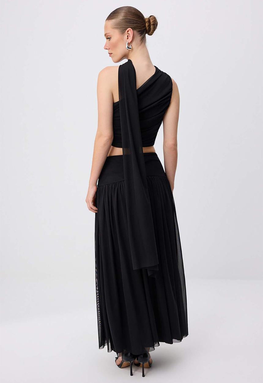 Trendyol - Asymmetric Collar Tulle Top and Bottom Set - Black