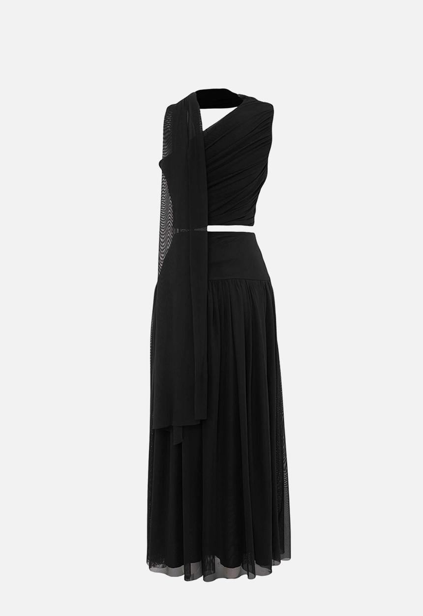 Trendyol - Asymmetric Collar Tulle Top and Bottom Set - Black