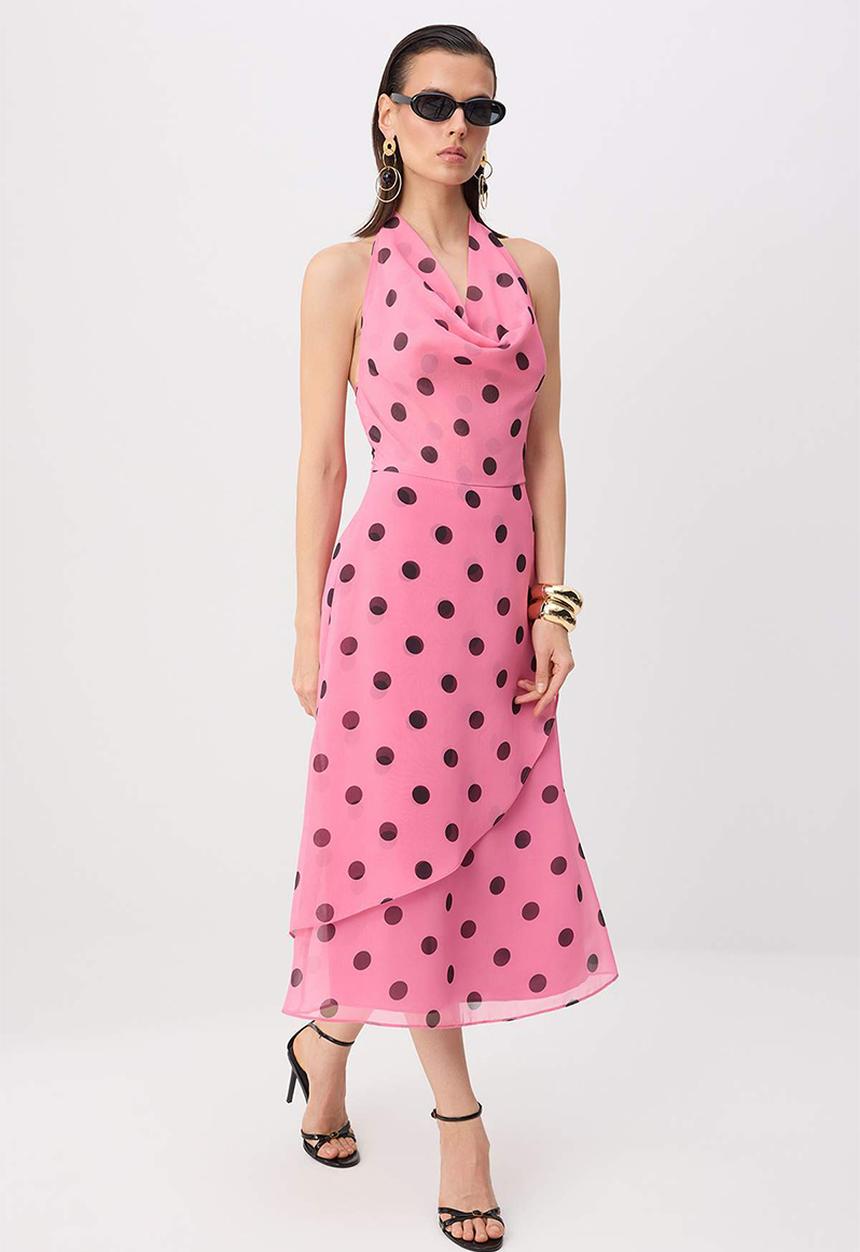 Trendyol - Polka Dot Halter Neck A-Line Midi Dress - Multicolour