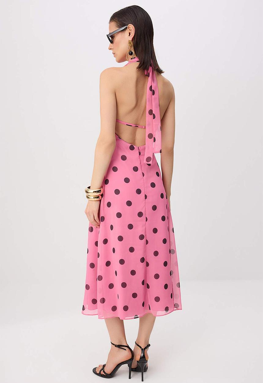 Trendyol - Polka Dot Halter Neck A-Line Midi Dress - Multicolour