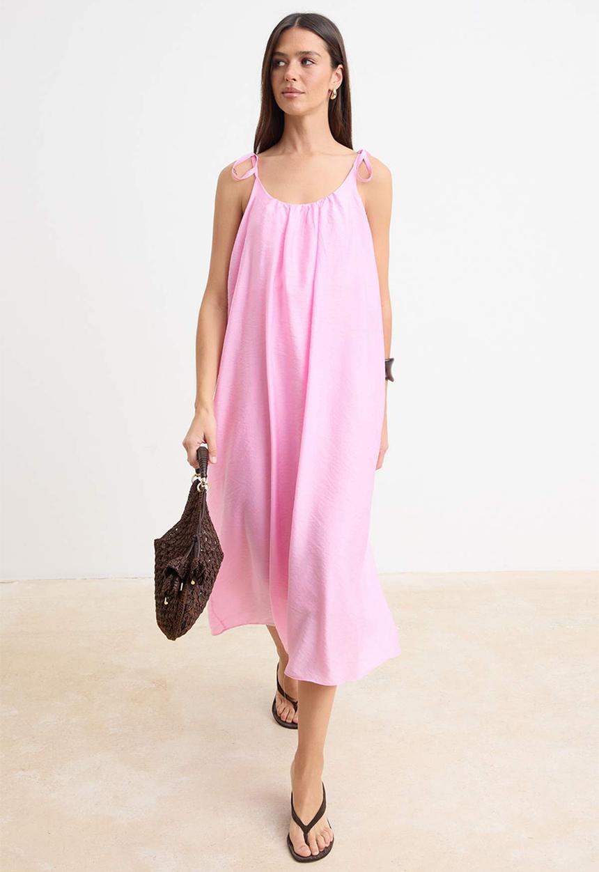 Trendyol - Tie Detail Straight-Cut Maxi Dress - Pink