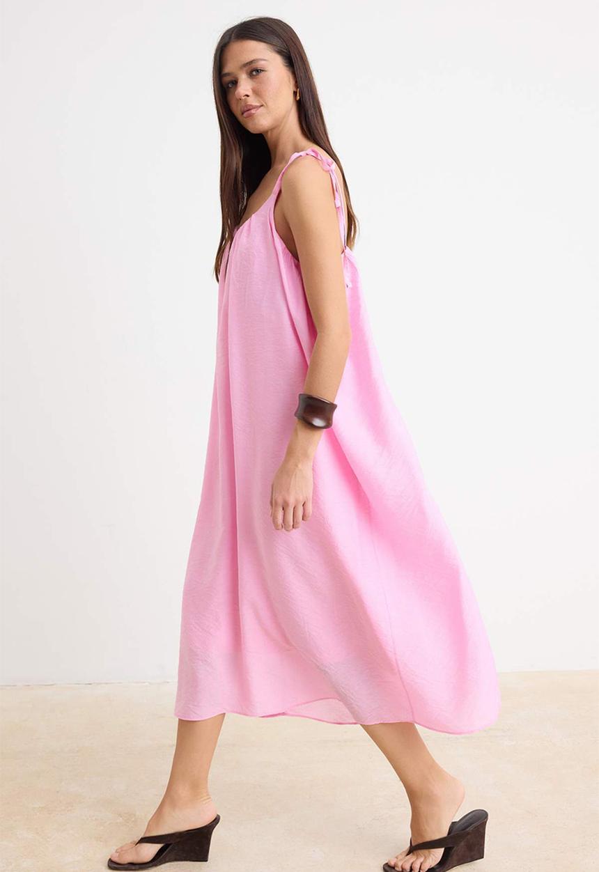 Trendyol - Tie Detail Straight-Cut Maxi Dress - Pink