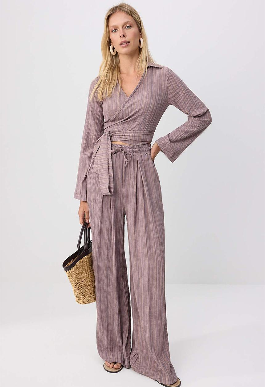 Trendyol - Double-Breasted Blouse and Relaxed-Fit Trousers Set - Grey
