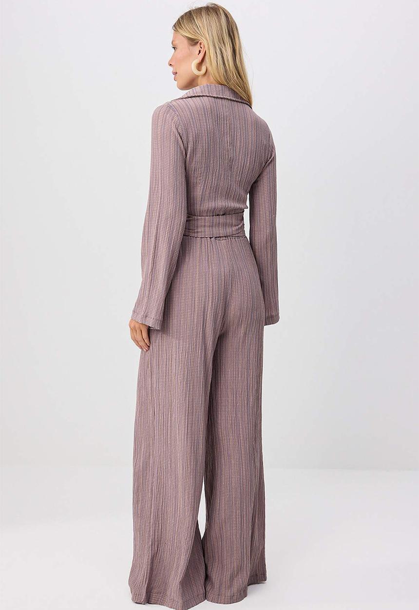 Trendyol - Double-Breasted Blouse and Relaxed-Fit Trousers Set - Grey