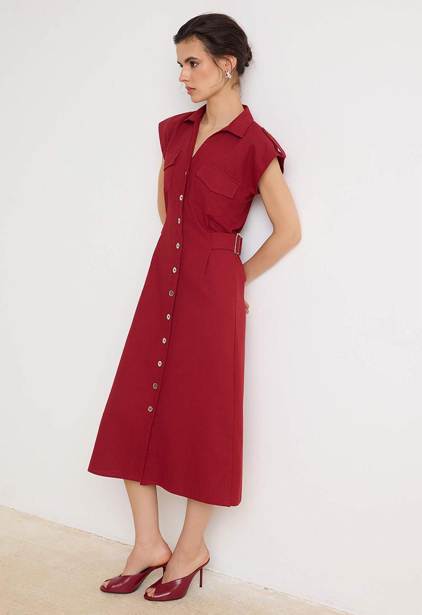 Trendyol - Accessory Detail Buttoned Midi Shirt Dress - Red