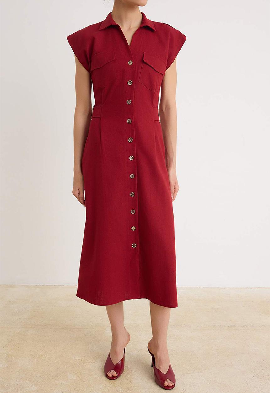 Trendyol - Accessory Detail Buttoned Midi Shirt Dress - Red