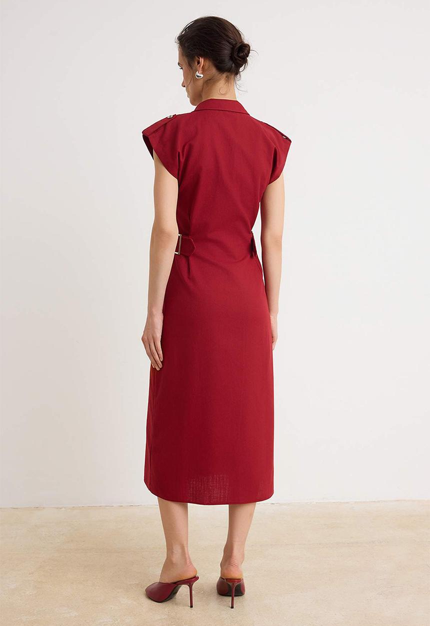 Trendyol - Accessory Detail Buttoned Midi Shirt Dress - Red