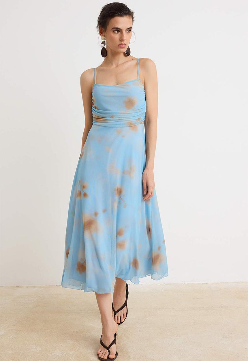 Trendyol - A-Line Tulle Midi Dress with Thin Straps - Blue