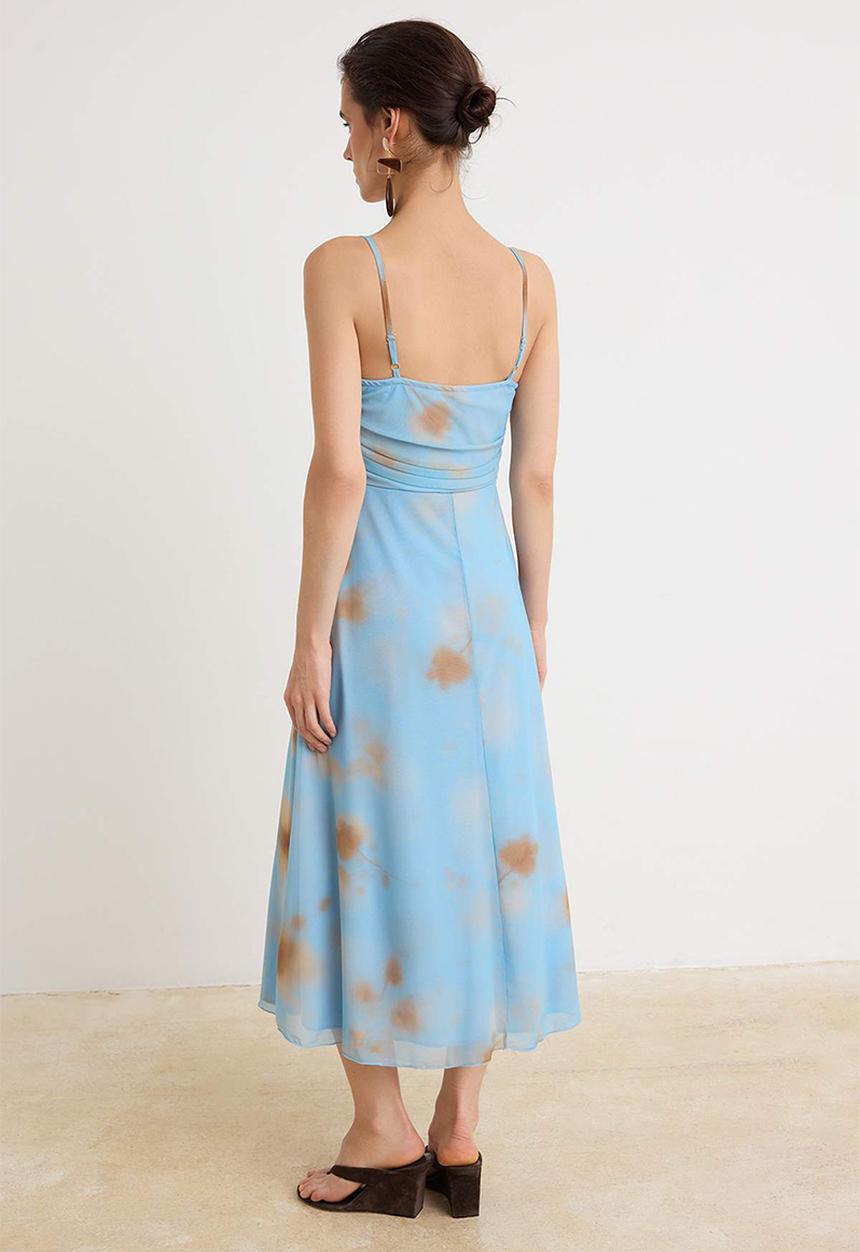 Trendyol - A-Line Tulle Midi Dress with Thin Straps - Blue