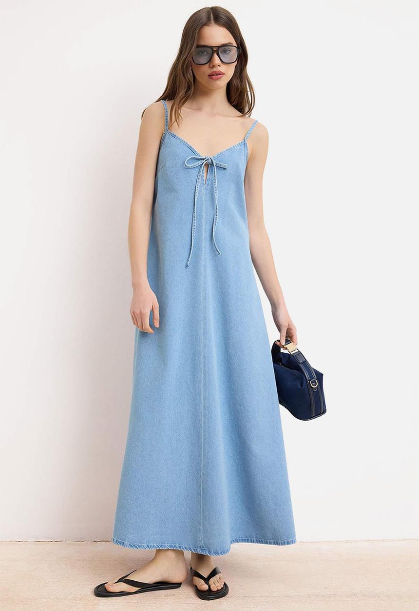 Trendyol - Tencel Blend Strappy Maxi Denim Dress - Blue
