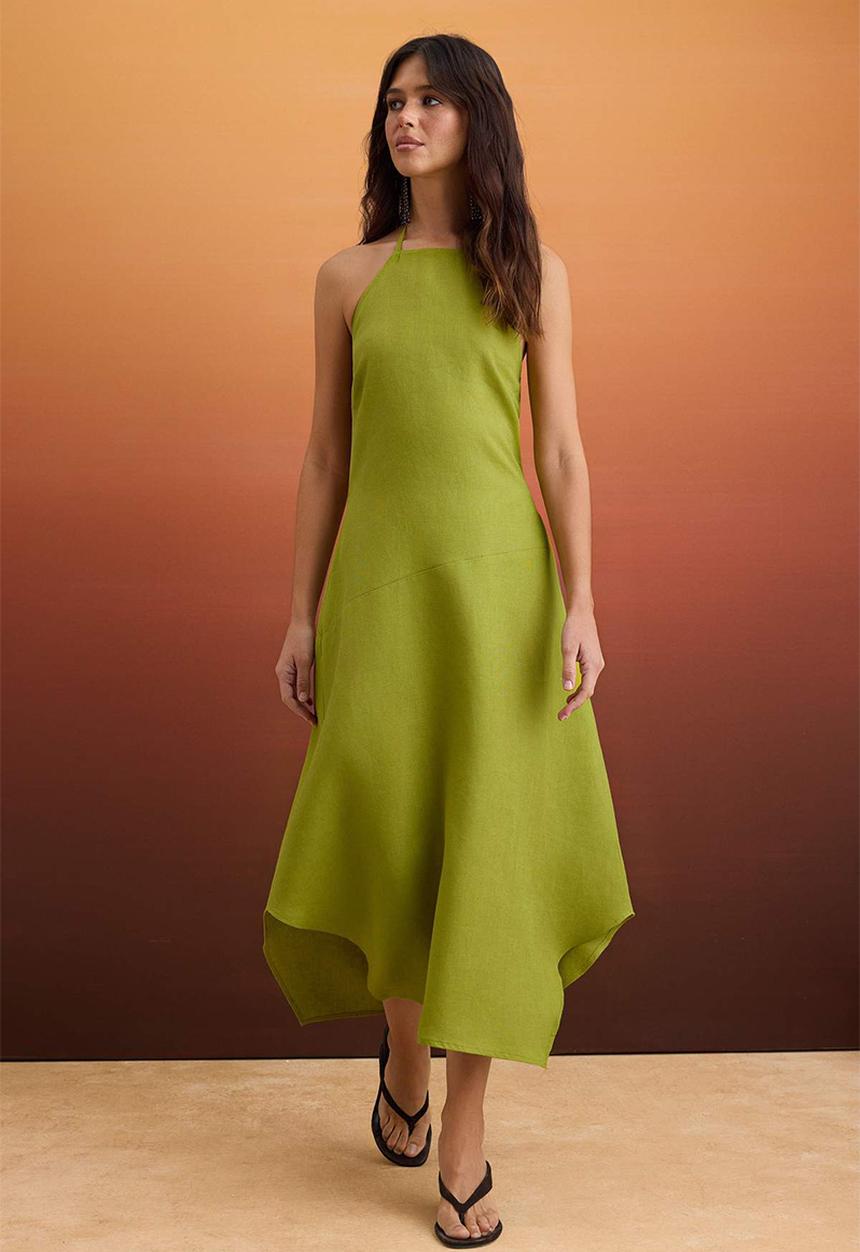 Trendyol - Asymmetric Linen Halter Neck Midi Dress - Oil Green