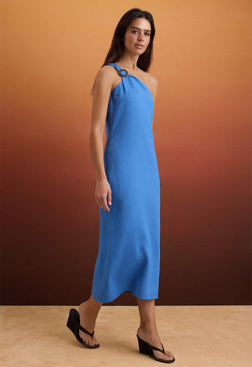Trendyol - Asymmetric Collar Linen Maxi Dress with Accessory Detail - Blue