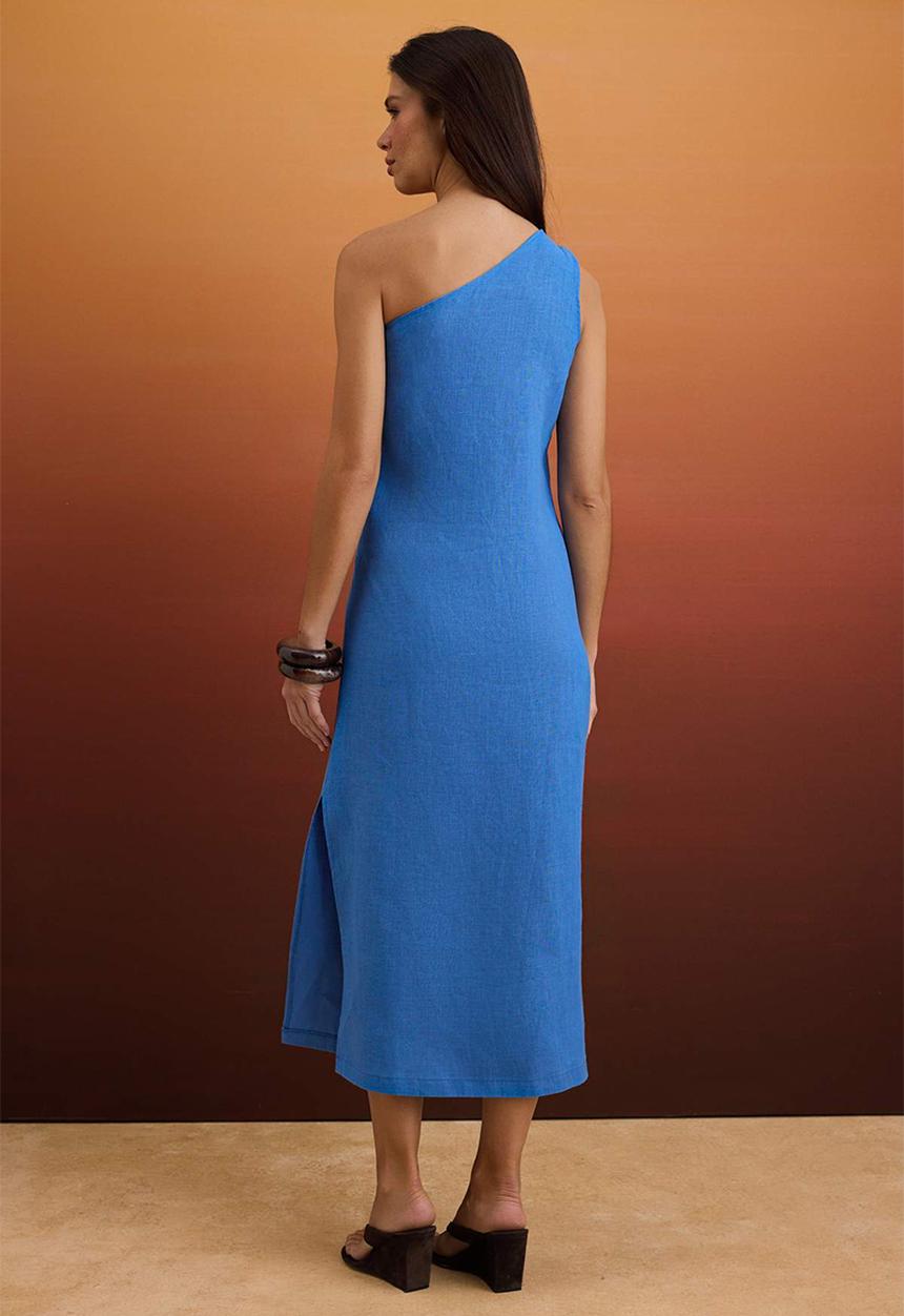 Trendyol - Asymmetric Collar Linen Maxi Dress with Accessory Detail - Blue