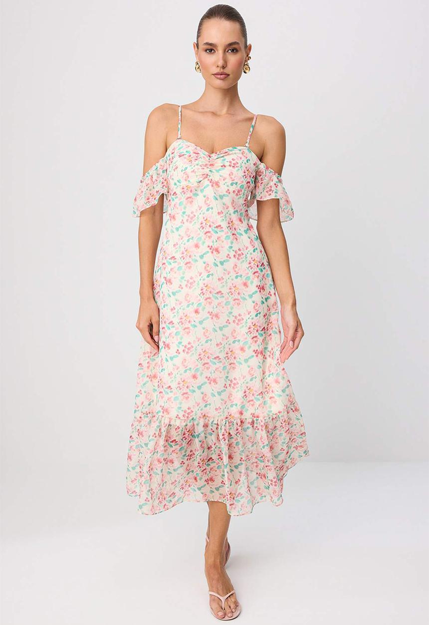 Trendyol - Floral Heart Neck A-Line Midi Chiffon Dress - Multi