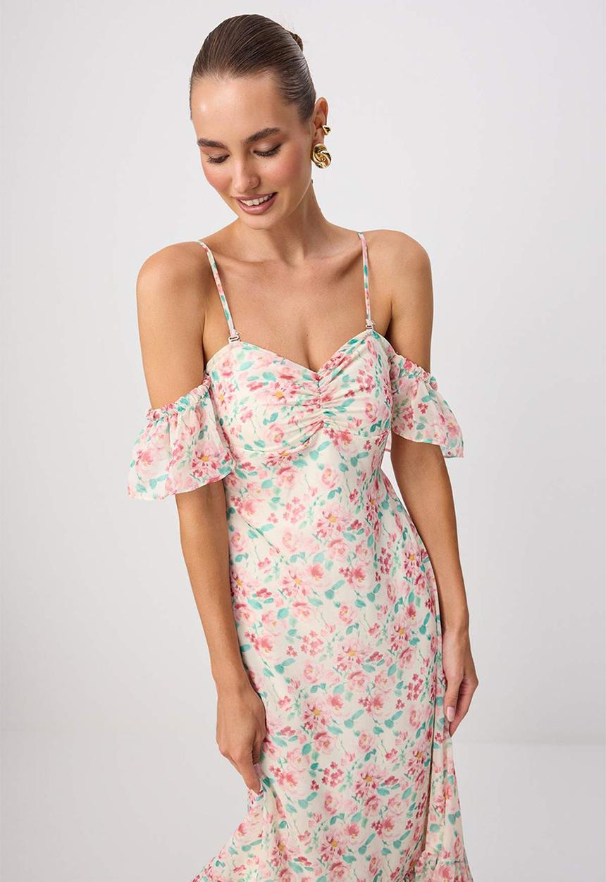 Trendyol - Floral Heart Neck A-Line Midi Chiffon Dress - Multi