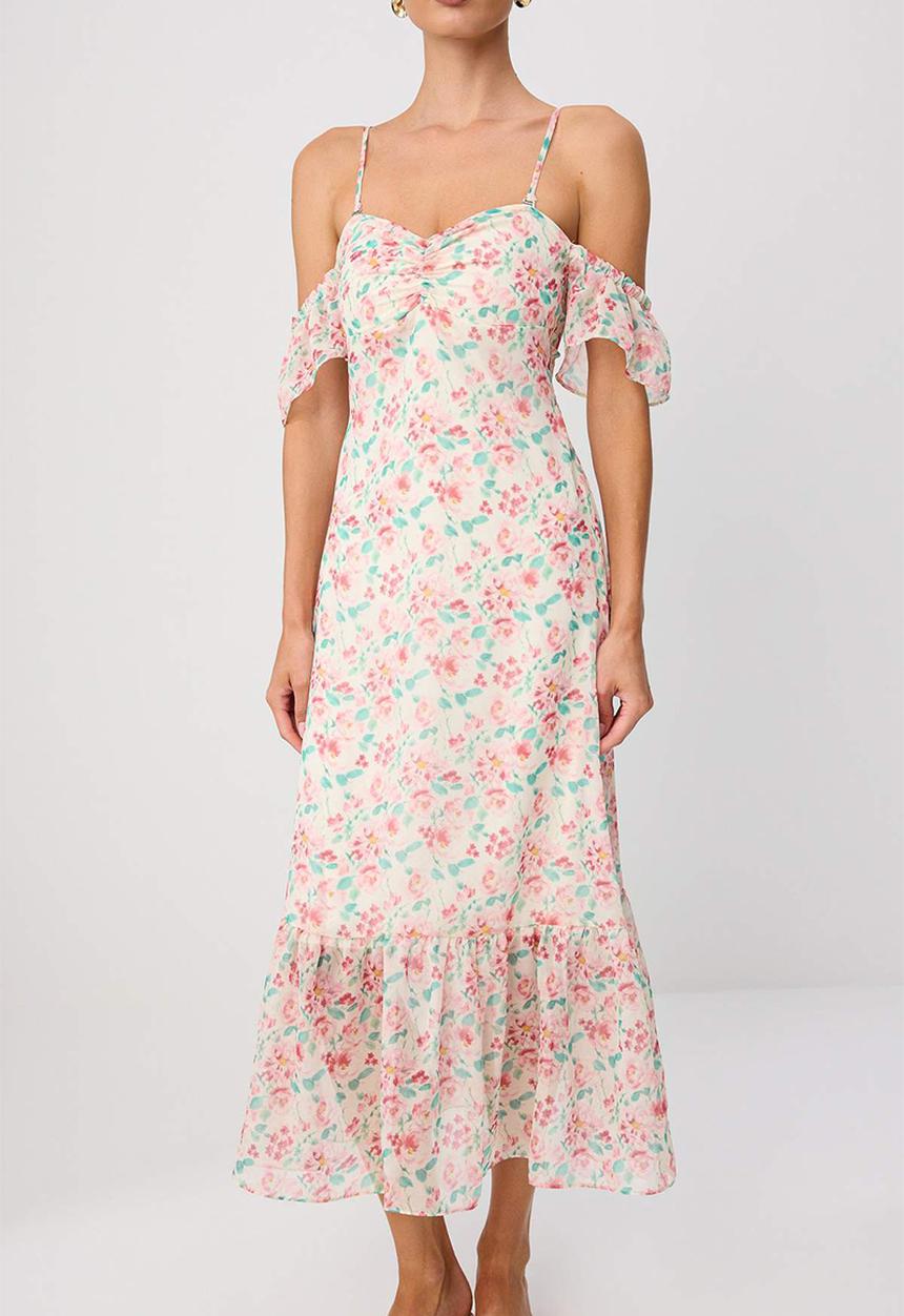 Trendyol - Floral Heart Neck A-Line Midi Chiffon Dress - Multi