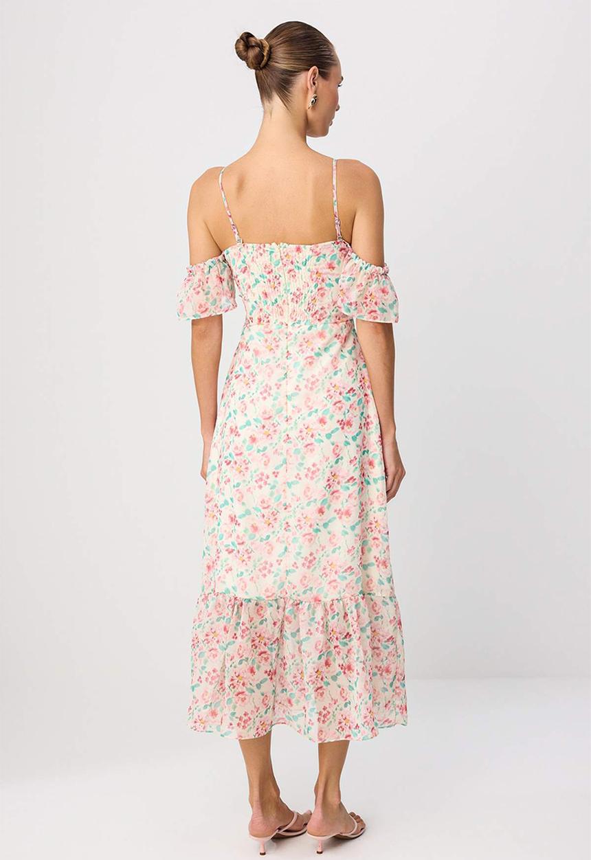 Trendyol - Floral Heart Neck A-Line Midi Chiffon Dress - Multi