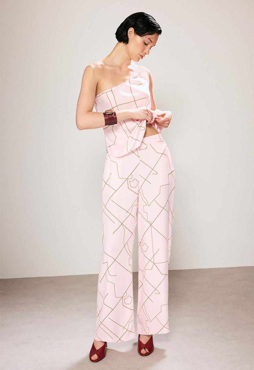 Trendyol - Patterned Satin Trousers with Elasticated Waist - Pink