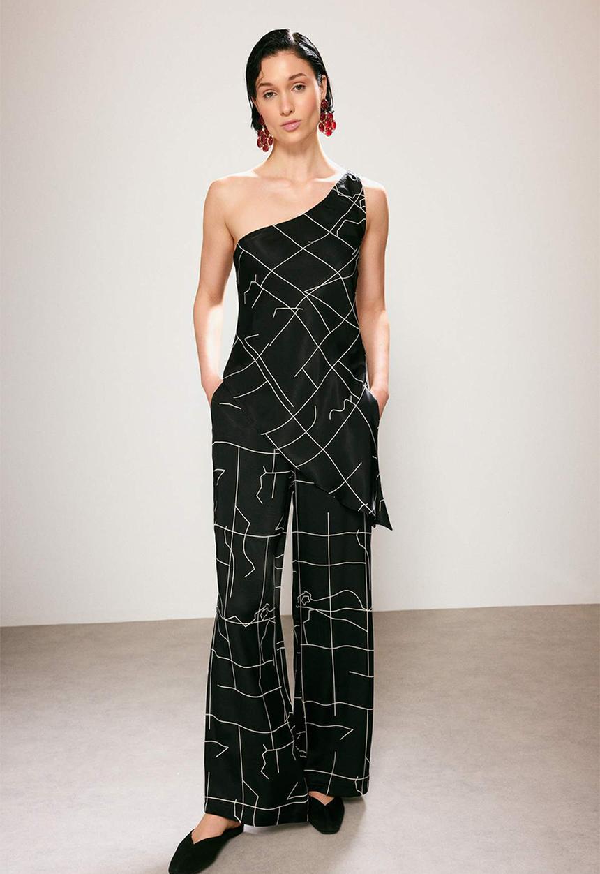 Trendyol - Patterned Satin Trousers with Elasticated Waist - Black
