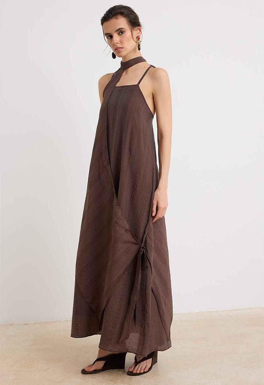 Trendyol - Detachable Shawl A-Line Maxi Dress - Brown