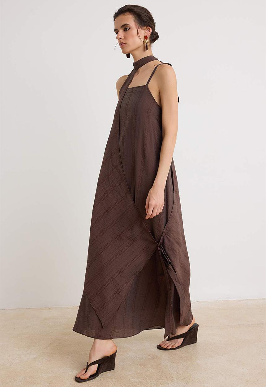 Trendyol - Detachable Shawl A-Line Maxi Dress - Brown