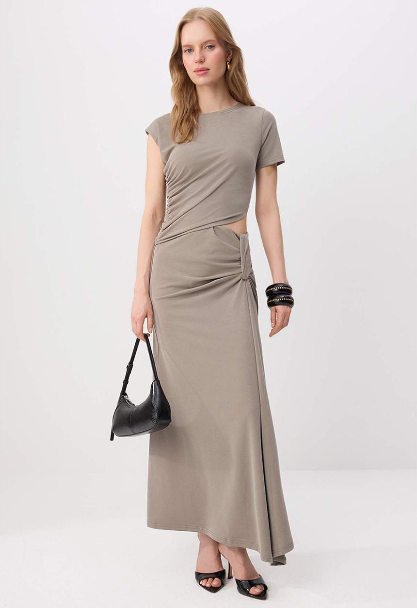 Trendyol - Fitted Window Detail Maxi Modal Knit Dress - Light Khaki