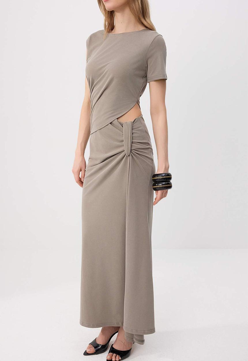 Trendyol - Fitted Window Detail Maxi Modal Knit Dress - Light Khaki