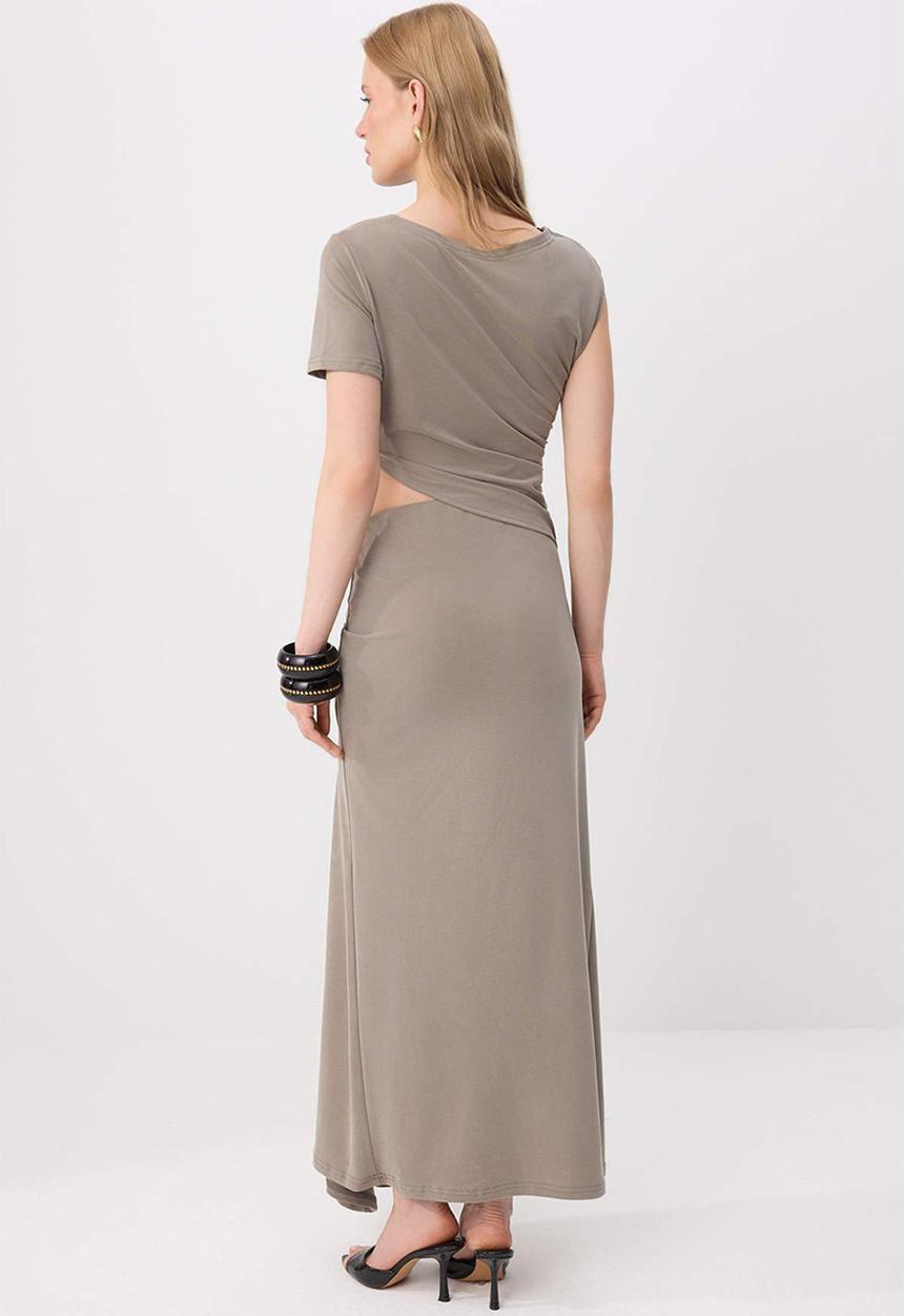 Trendyol - Fitted Window Detail Maxi Modal Knit Dress - Light Khaki