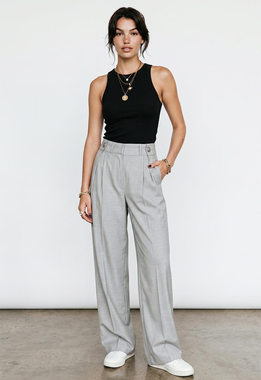 Trendyol - Double-Pleat Wide-Leg Trousers - Grey