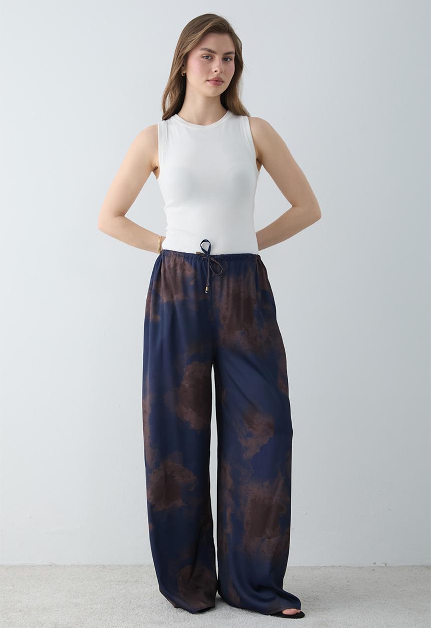 Trendyol - Gradient Print Satin Wide-Leg Trousers - Navy Blue