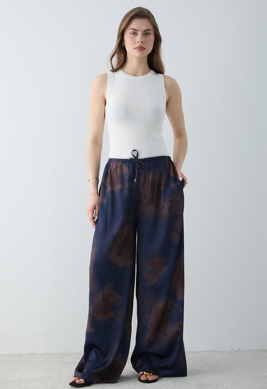 Trendyol - Gradient Print Satin Wide-Leg Trousers - Navy Blue