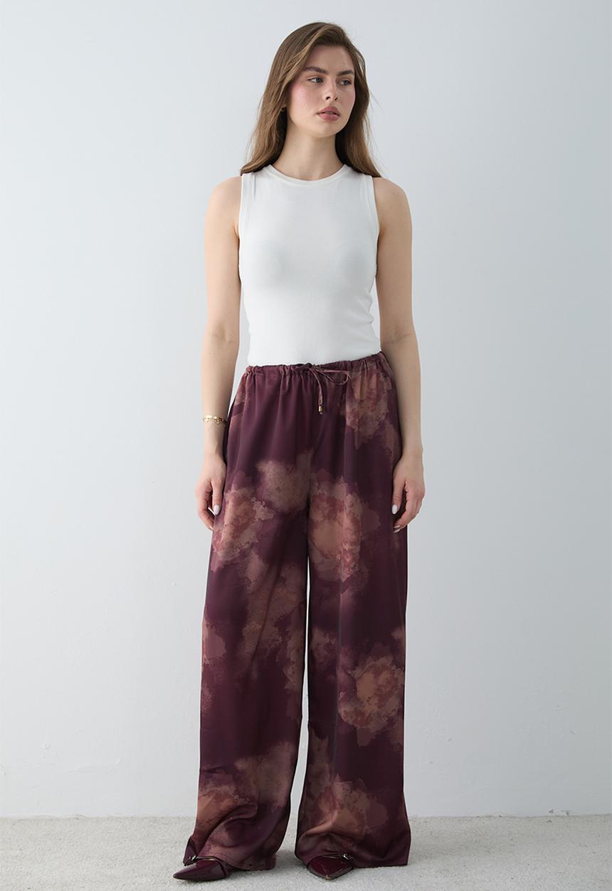 Trendyol - Gradient Print Satin Wide-Leg Trousers - Plum