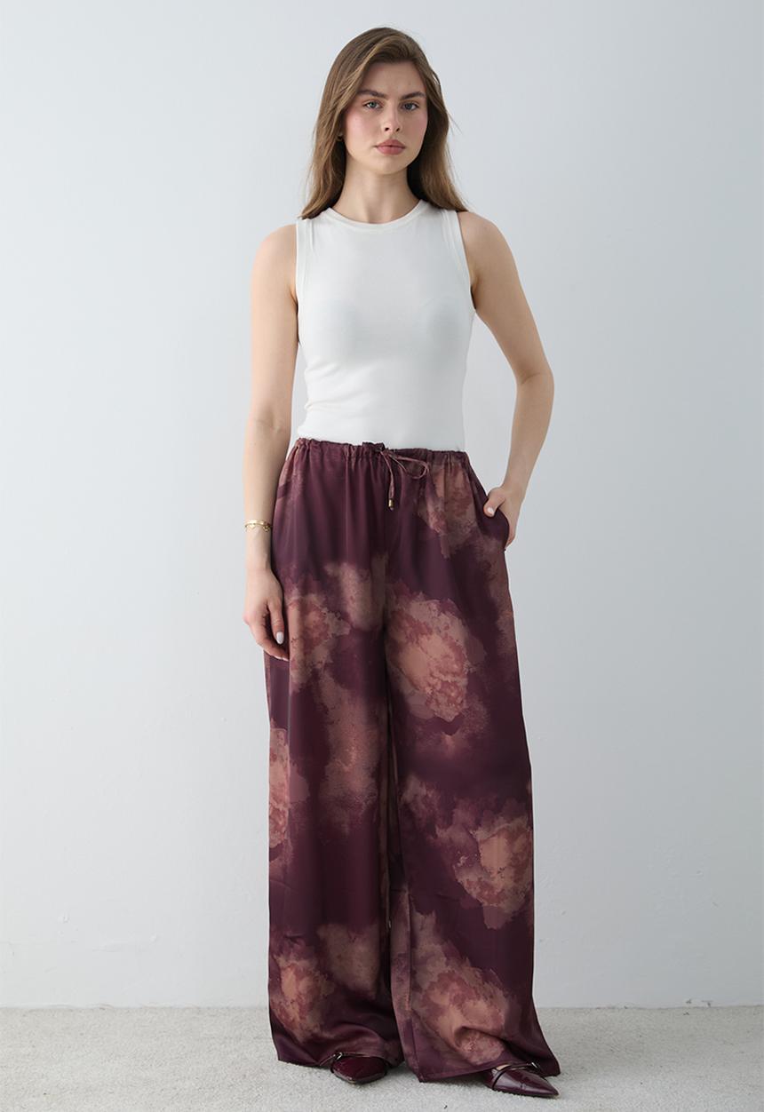Trendyol - Gradient Print Satin Wide-Leg Trousers - Plum
