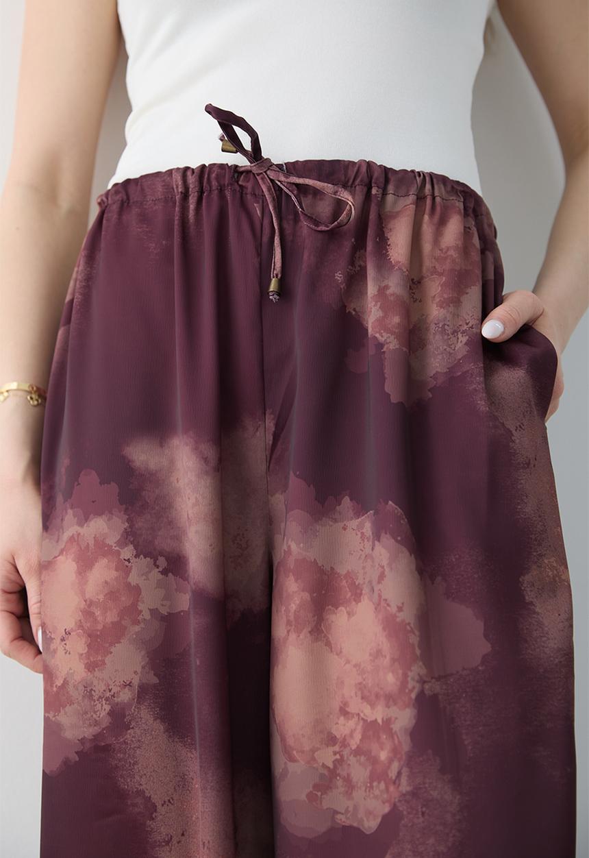 Trendyol - Gradient Print Satin Wide-Leg Trousers - Plum