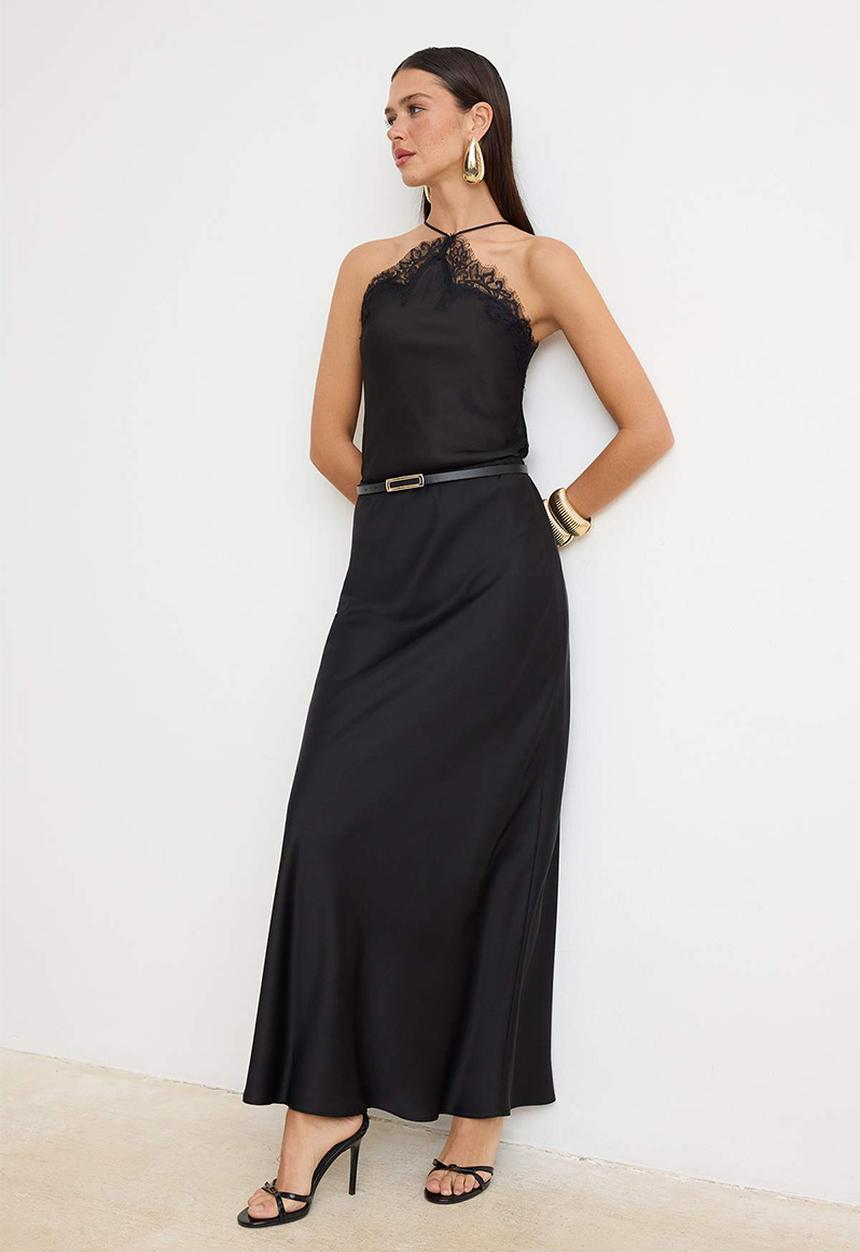 Trendyol - Low-Rise Belt Detail Satin Skirt - Black