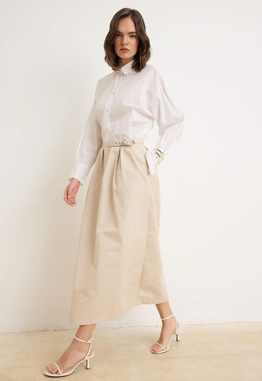 Trendyol - Long Denim Skirt - Beige