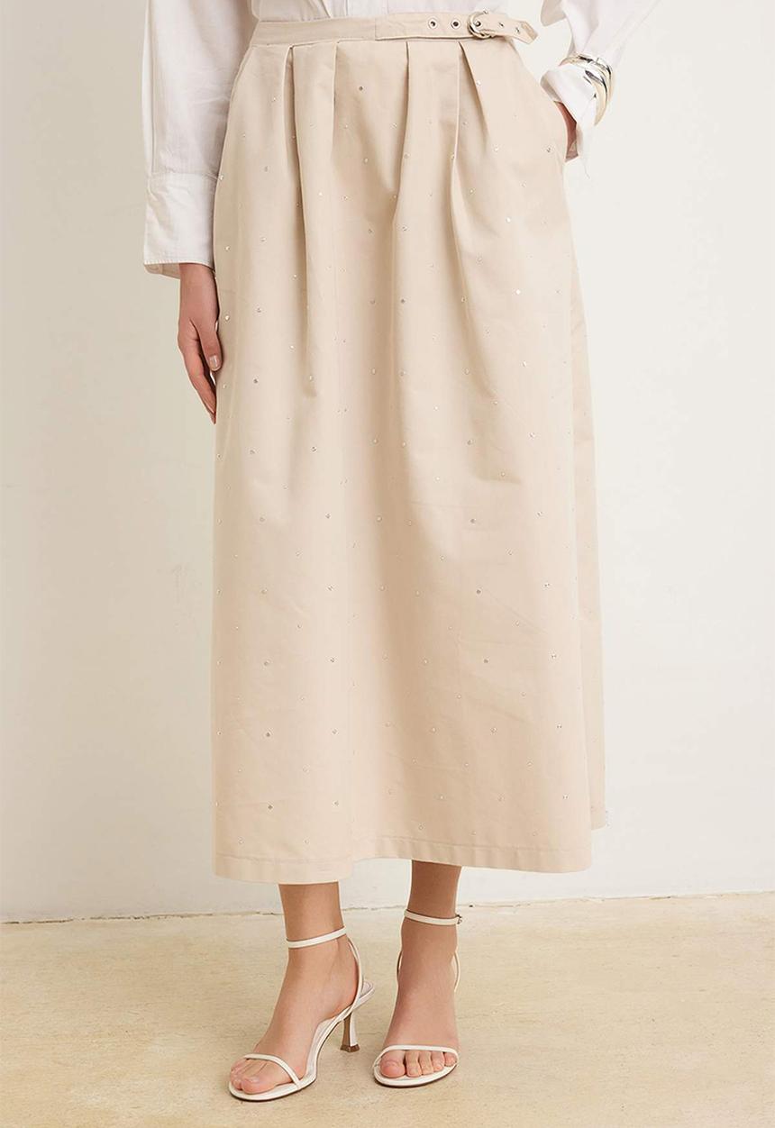 Trendyol - Long Denim Skirt - Beige